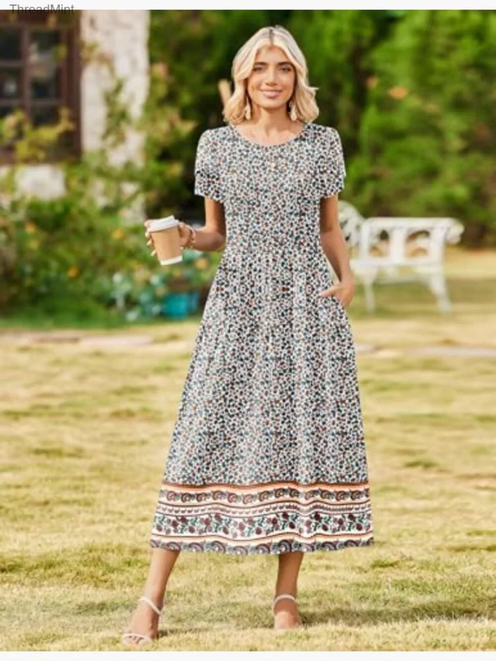 Bohemian Floral Maxi Dress - Short Sleeve Flowy Casual Beach Sundress - Picture 2 of 7